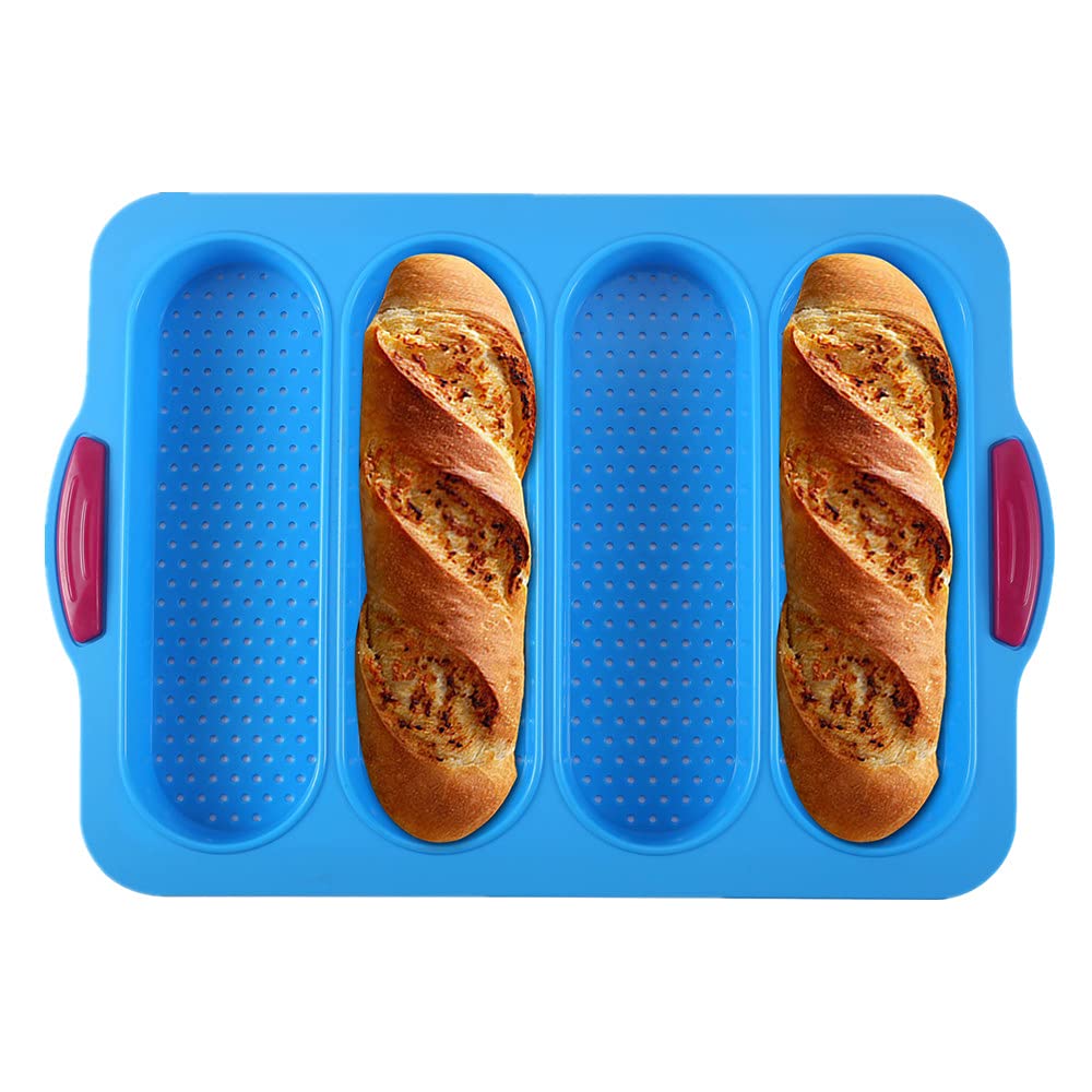 Non-Stick Silicone Baguette Pan - Perforated Bottom Creates Crispy Crusts, Dishwasher Safe Bake at Home Baguettes Baking Tray, also for Hot Dog or Sandwich Rolls, French Bread Loaf (4-Baguette)