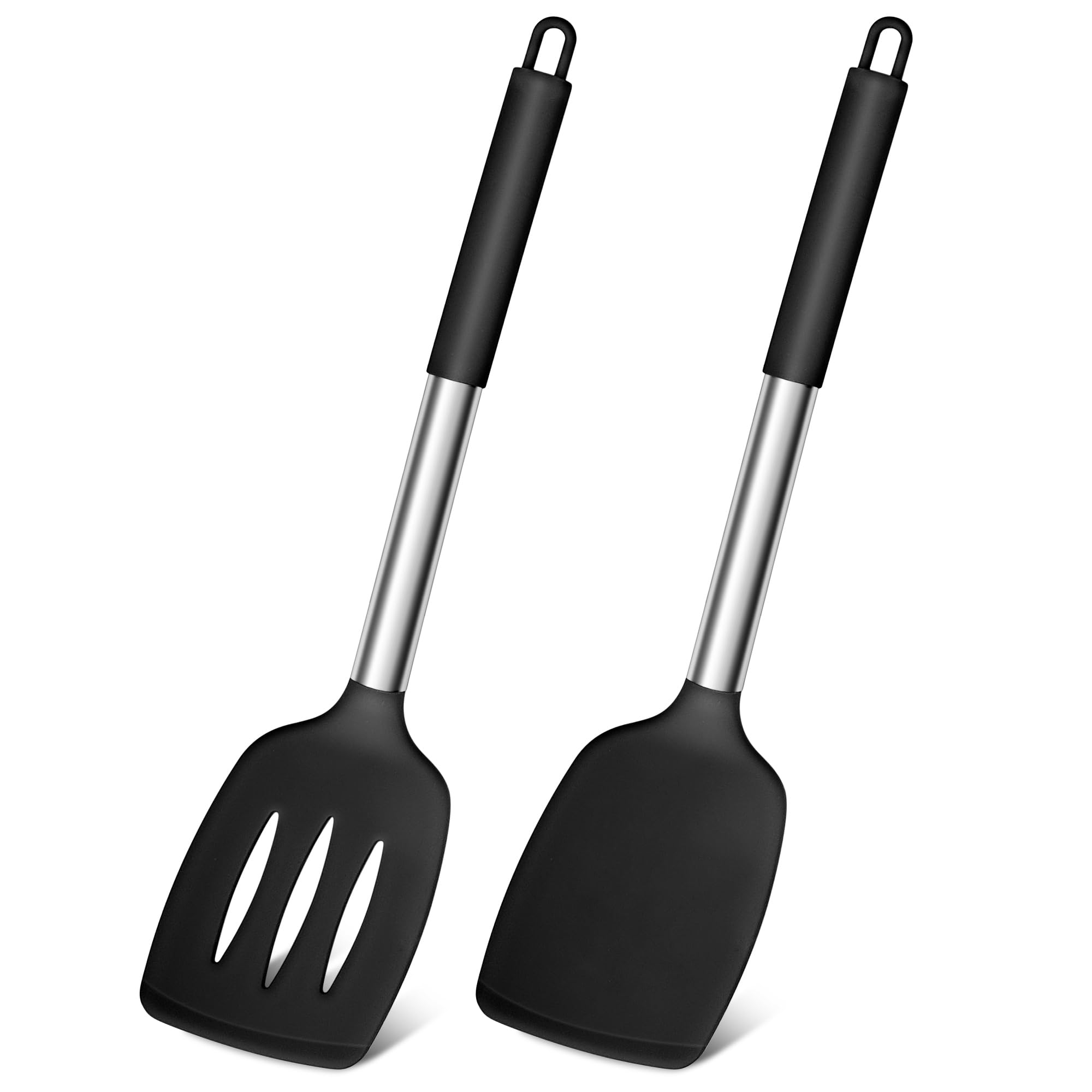 Joyfair Silicone Spatula, Stainless Steel Spatula Pack of 2, Cooking Turner/Non Stick Kitchen Slotted Utensil Set Ideal for Fish, Eggs, Pancakes, Heat Resistant & Dishwasher Safe, Black