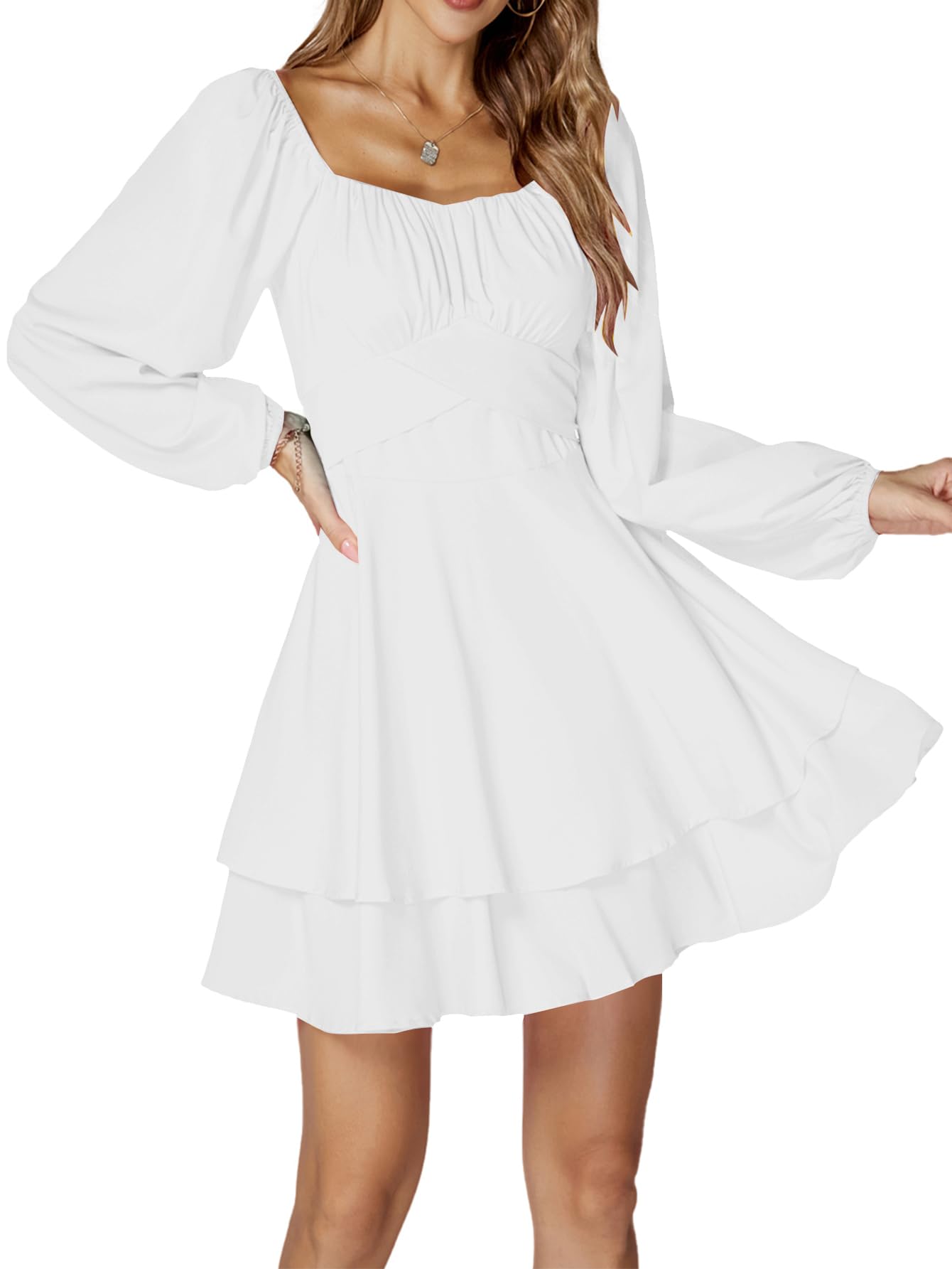 Photo 1 of ** BROKEN ZIPPER** LYANER Women's Lantern Long Sleeve Wrap Tie Back Square Neck Double Layer Ruffle Hem A Line Short Mini Dress White X-Large