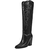 ISNOM Women's Cowgirl Boots Pull On Knee High Boots, Cowboy Western Embroidered Chunky Block Heel Pointed Toes Boots