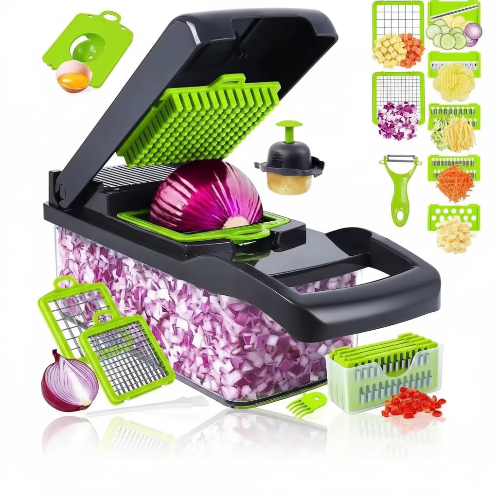 Photo 1 of **MISSING PARTS**14-in-1 Vegetable Chopper with Container – Onion Chopper, Dicer, Slicer & Grater, Food Chopper with Stainless Steel Blades, BPA-Free, Easy Clean, Green