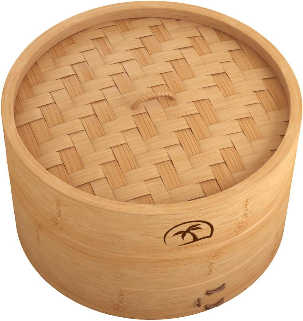 DEALZNDEALZ 08 inch Handmade Natural Bamboo Dumpling Steamer 2 Tiers Basket with Lid includes 50 Wax Papers, 2 Pair of Chopsticks – Perfect for Asian Cooking