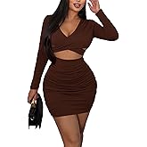 Sexy Club Dresses for Women - Bodycon Mini Dress with Long Sleeve, Deep V-Neck, Cut Out Design for Night Out, Party, Clubbing