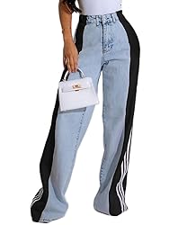 Angsuttc Womens Jeans with Patchwork Stripes High