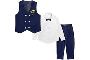 LOLANTA Boys' 4-Piece Formal Suit, Wedding Ring Bearer Outfit Vest Pants with Dress Shirt Bow Tie for Graduation 2-13 Years