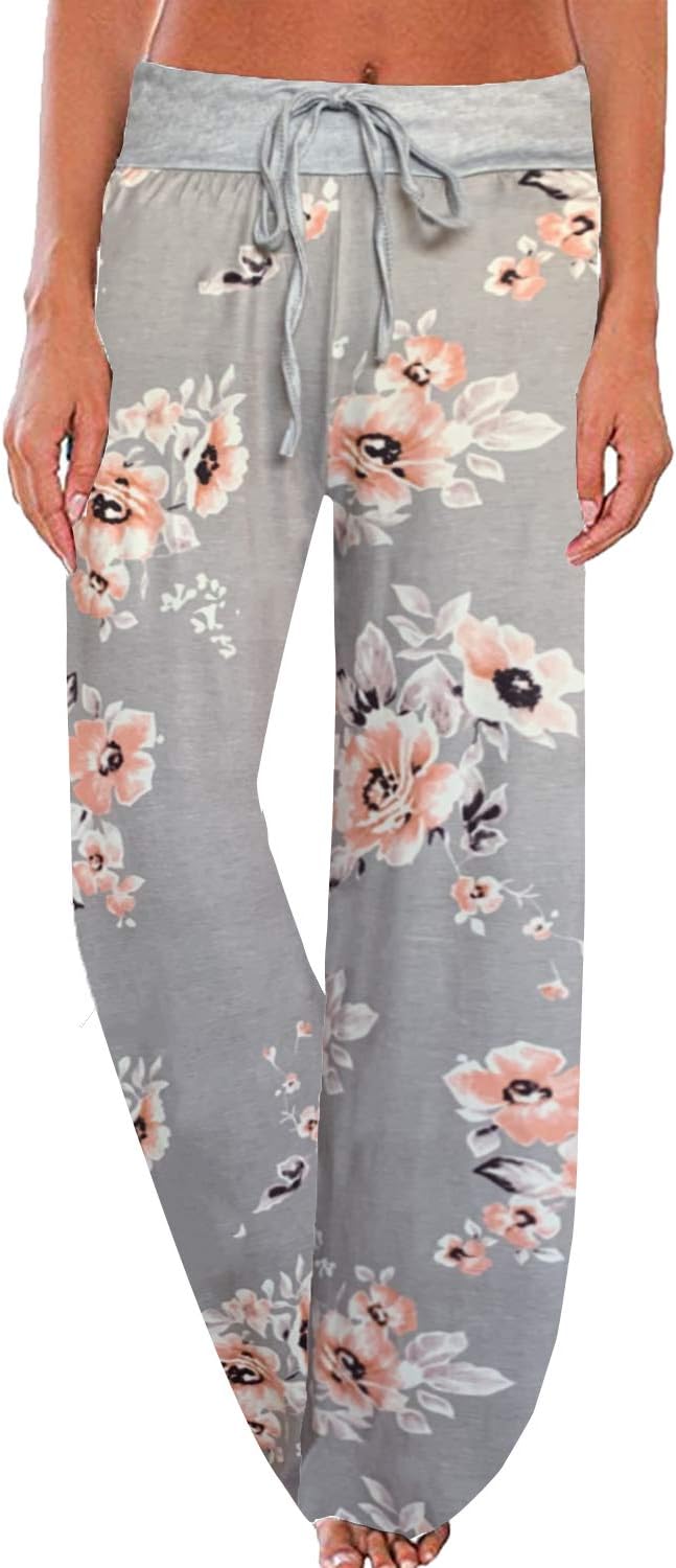 NEWCOSPLAY Women's Comfy Pajama Pants Floral Print Drawstring Palazzo Lounge Wide Leg Pants