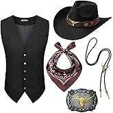 Tuxsuitown 5 Pcs Cowboy Outfit for Men Cowboy Costume Western Vest Hat and Accessories for Halloween Wild West Party