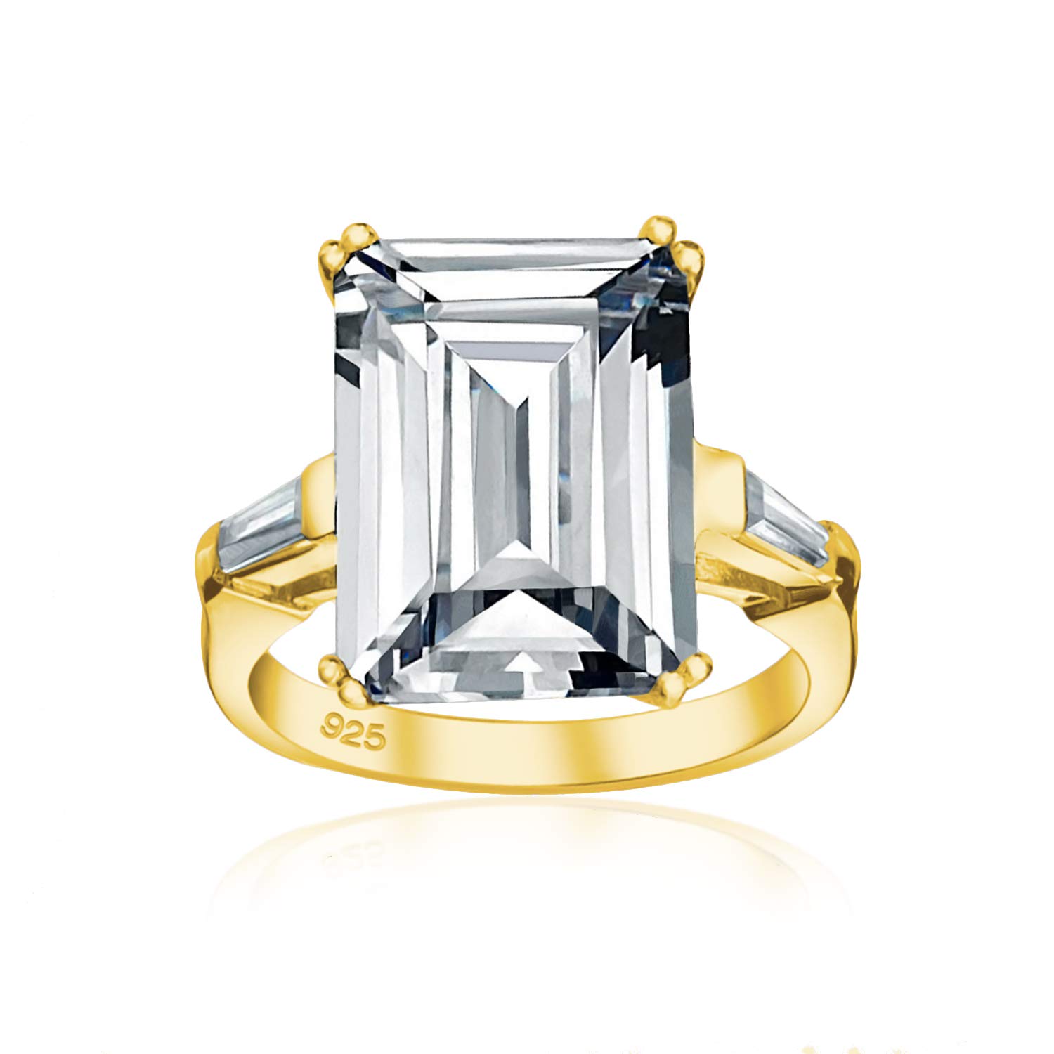 Art Deco Style Bridal Wedding Big AAA CZ Solitaire Emerald Cut Statement Engagement Ring For Women .925 Sterling Silver Yellow Gold Plated Cubic Zirconia Baguette Side Stones