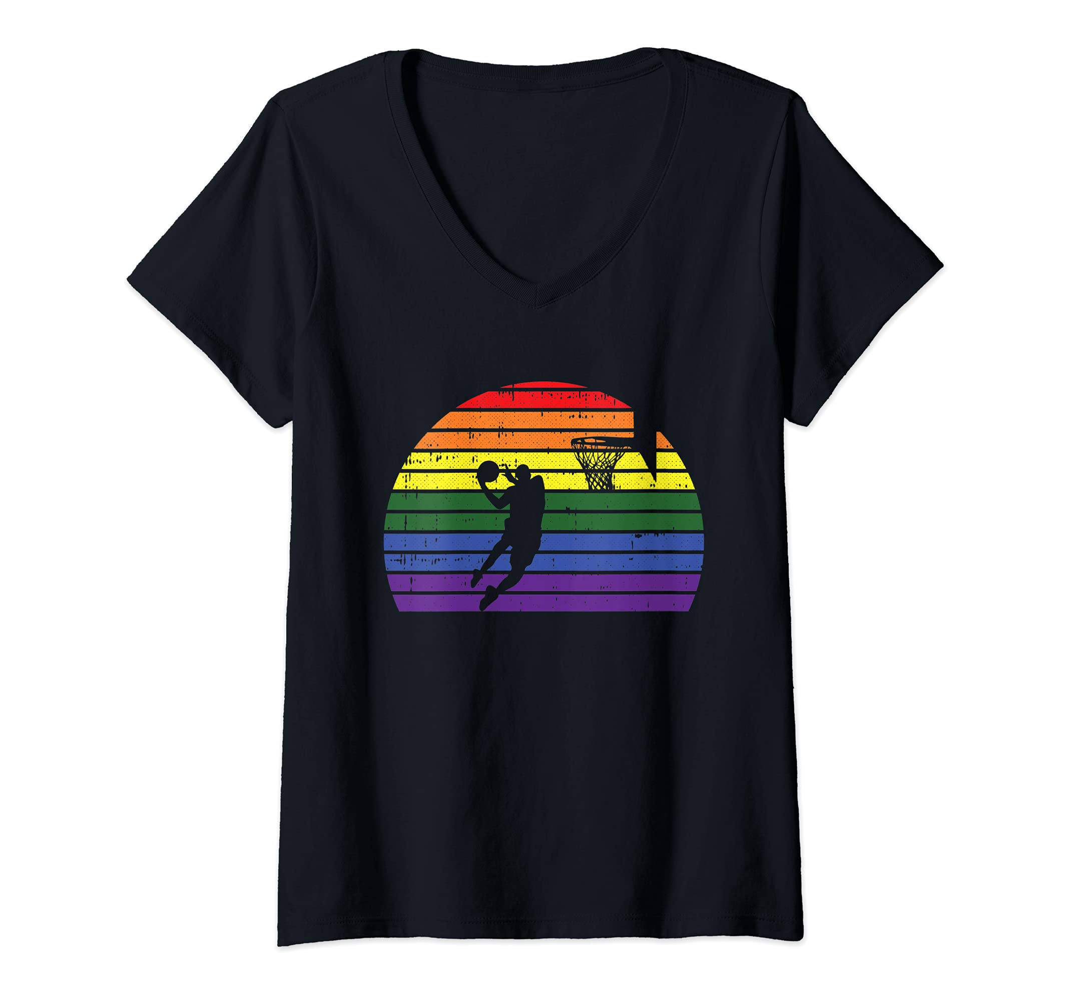 Womens Basketball Player LGBT-Q Retro Gay Pride Flag Sport Fan Ally V-Neck T-Shirt