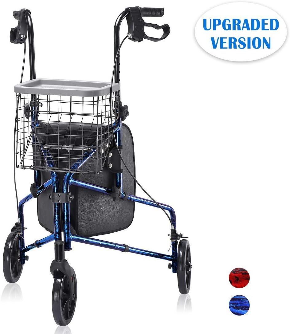 Upgraded Version ! Health Line Massage Products Lite Folding 3 Wheel Aluminum Rollator Walker Lightweight with Bag and Basket, Flame Blue