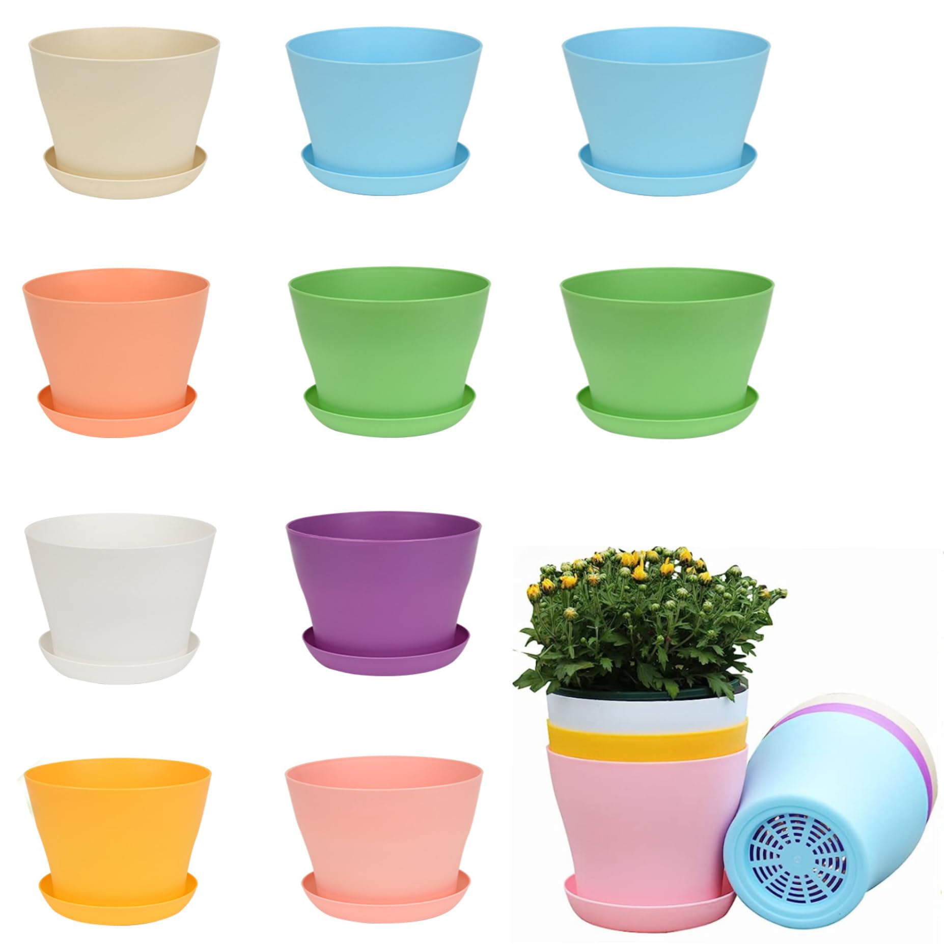hzpolang 10 Pcs Plant Pots Small Flower Pots with Trays Plastic Plant Pot Seedling Nursery Pots with Pallet for Garden House Office Vegetables Cutting Succulents (10cm)