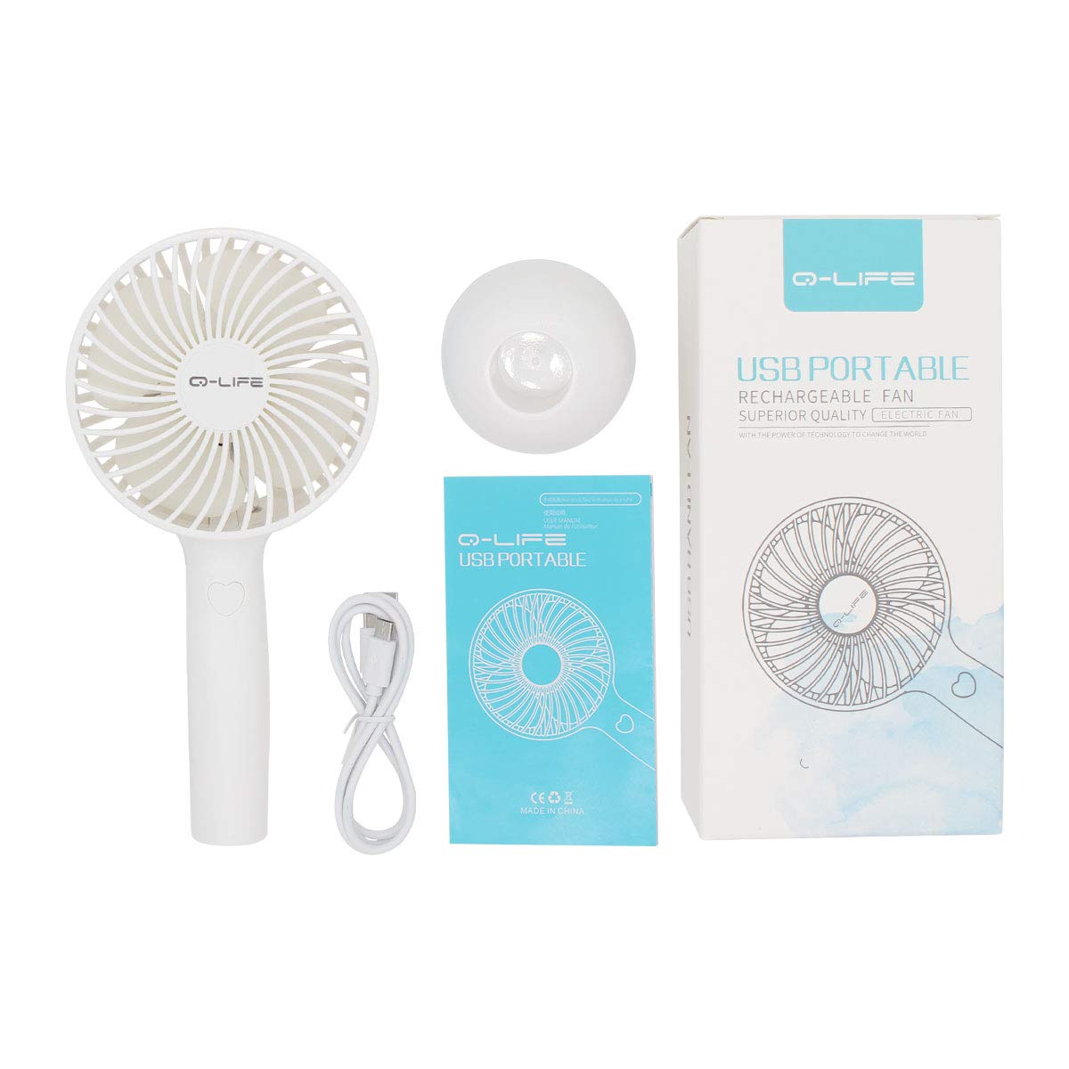 Hand Held Fan,Mini Electric Portable Desktop Table Desk Fan, 3 Speeds USB Rechargeable Fan for Concert Home Office Outdoor Travel (White)