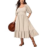 SCOMCHIC Women's Plus Size Midi Dresses Short Sleeve Floral Embroidered Smocked Ruffle Split Summer Western Boho Dress