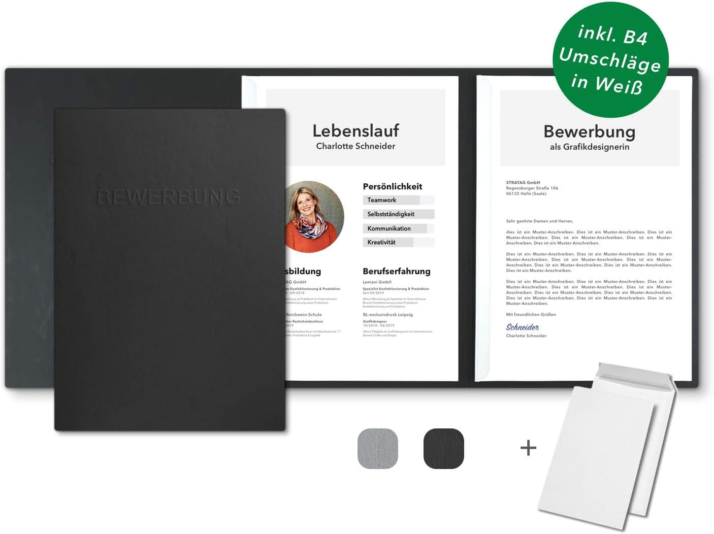 'Pack of 5 3-Part CV Folders with 2 Slide Binders in Leather-Look/Quality White Prägung Bewerbung Including 5 Envelope/Direct from The Manufacturer Stratag®