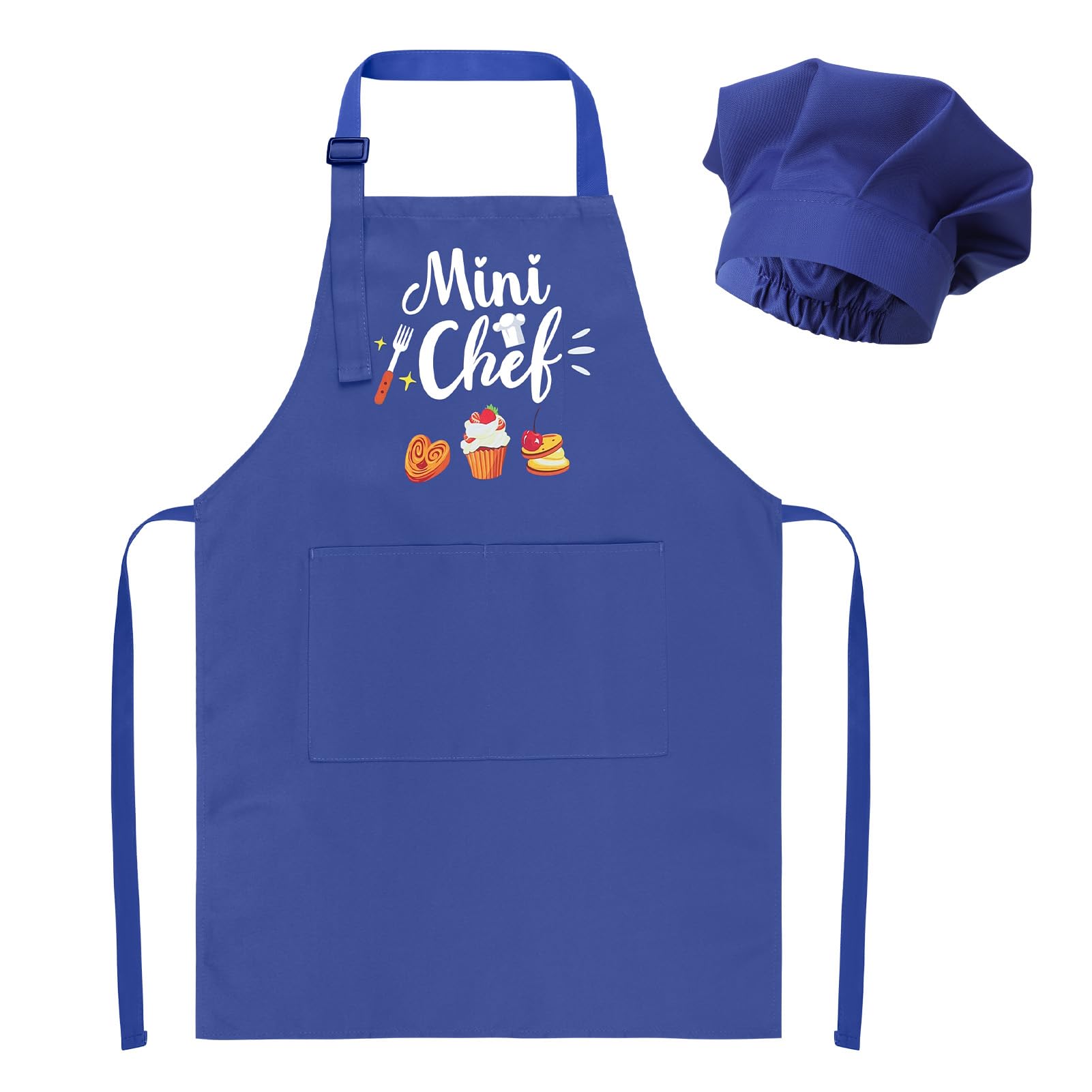 XLSXEXCL Kids Apron and Chef Hat Set, “Mini Chef” Funny Apron Adjustable Kitchen Apron for Boys and Girls for Cooking Baking Painting and Training (Deep blue)