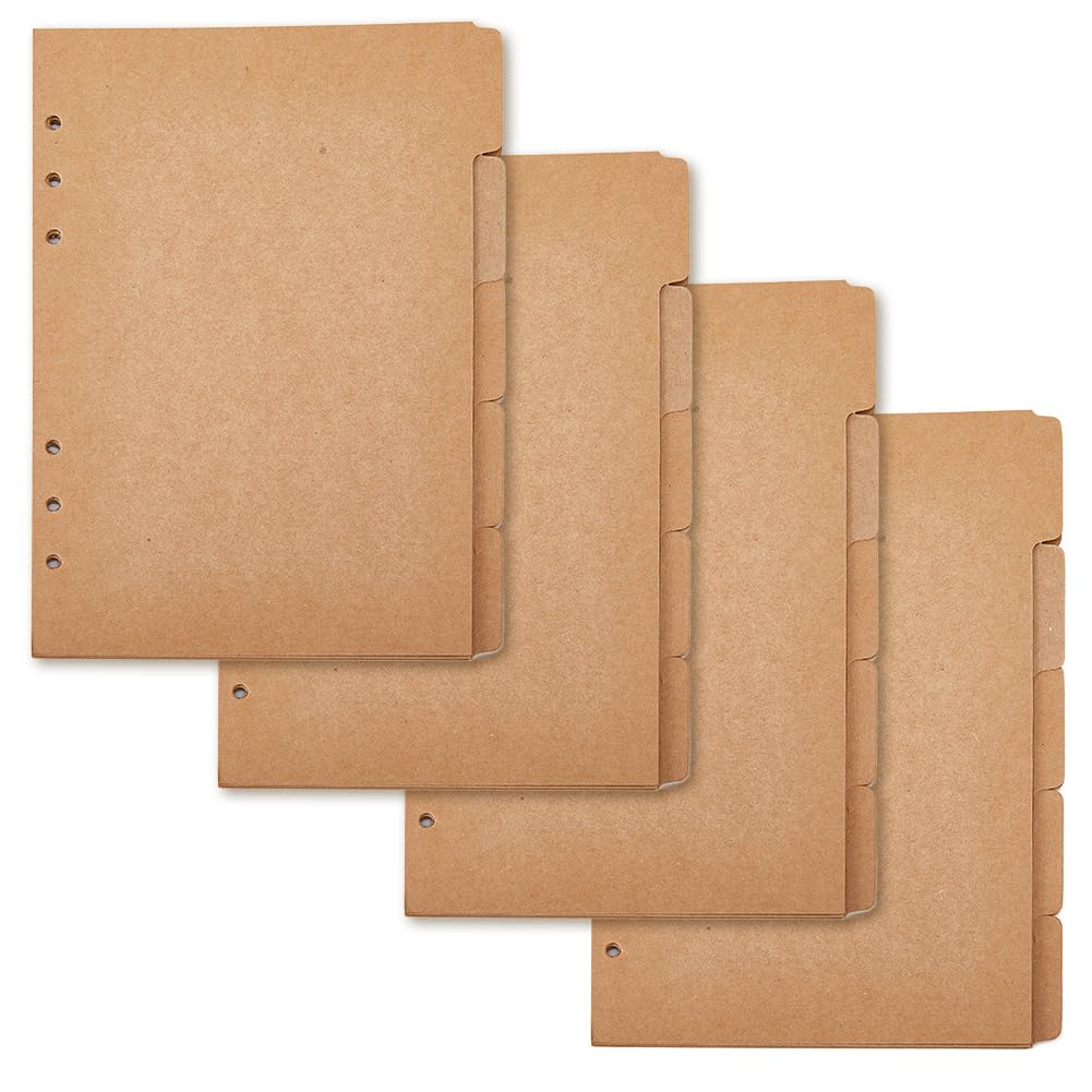 SUPERFINDINGS 20 Sheets A5 Kraft Paper Dividers 5-Tab/6-Hole Cover Ring Binder Burlywood 6 Holes Ring Index Page for Planner Notebook Loose Leaf Binders, 20.8x15x0.02cm