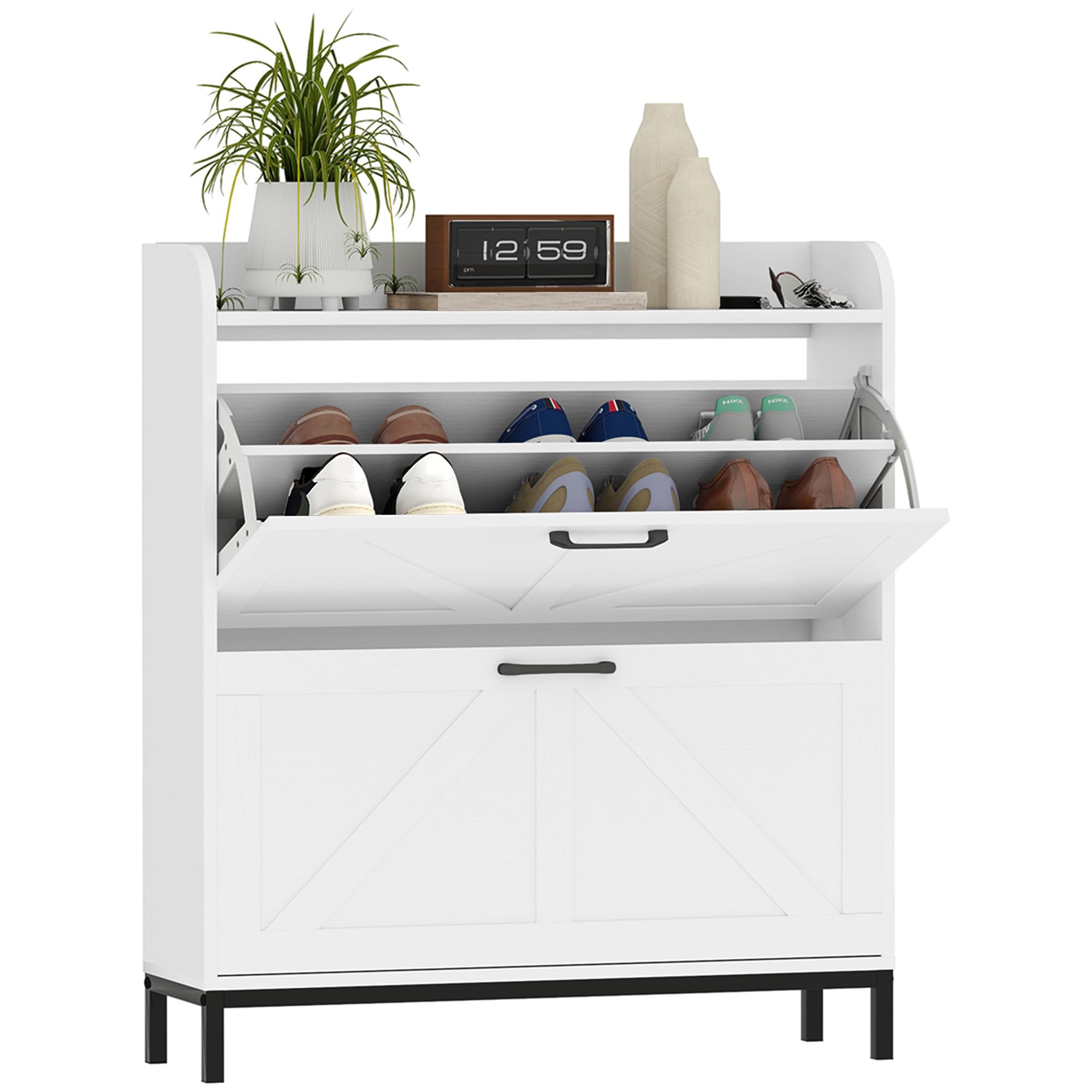 Photo 1 of ***Factory seal****

HOMCOM Shoe Storage Cabinet with 2 Flip Drawers, Legs, Farmhouse Freestanding Narrow Shoe Cabinet, Slim Hidden Rack Organizer for Entryway, Hallway, White Wood Grain