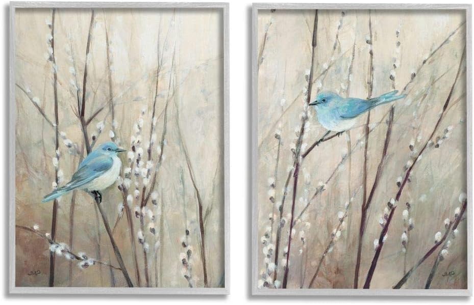 Paintings - Stupell Industries Peaceful Perched Blue Birds Animal Nature Painting, Grey Framed, 16 x 20, (a2-040_gff_2pc_16x20)