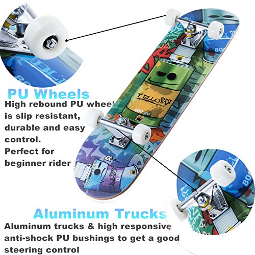 CCTRO Skateboards 31" Pro Skateboard Complete, 8 Layer Maple Skateboard Deck for Extreme Sports and Outdoors, Tricks Skate Board for Beginners and Pro