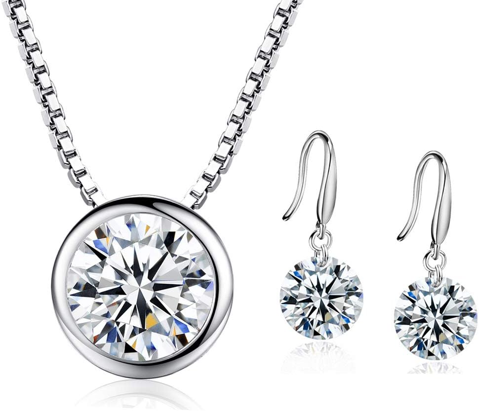 PRETTERY925 Sterling Silver Jewellery Set for Women, Teardrop Fish Hook Dangle Drop Earrings with Round AAA Cubic Zirconia Necklace Set for Wedding Event Party