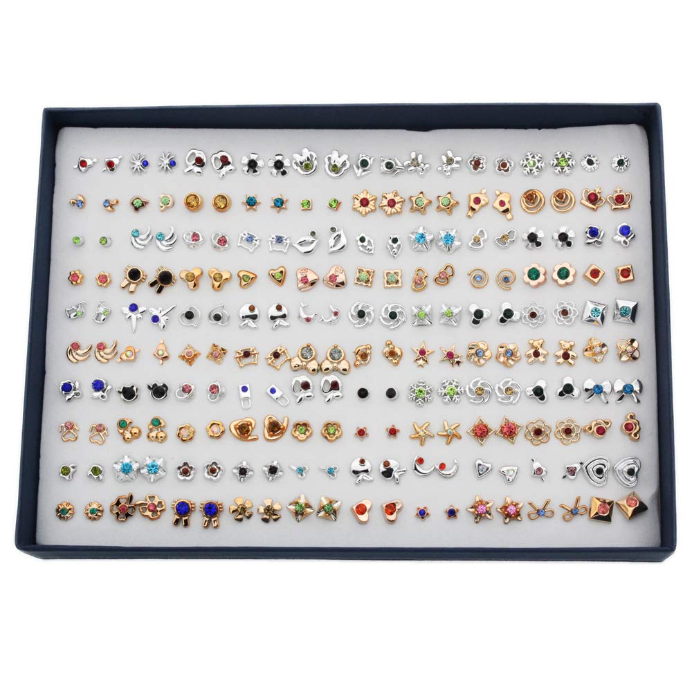 POFET 100 Pairs Stud Earrings with Rectangle Shape Gift Box, Exquisite gold and silver colored diamond earrings, Multiple Size and Patterns PAB12252