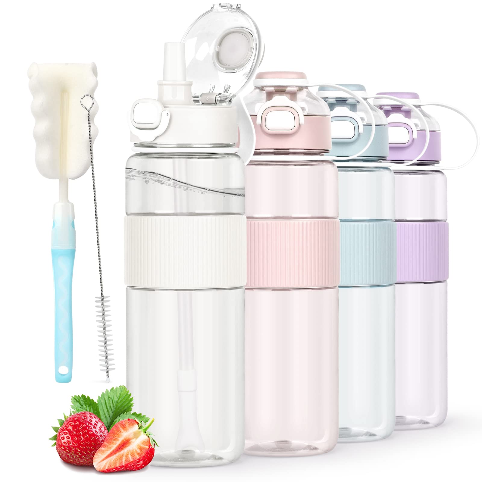 AOHAN Water Bottle with Straw, Sports 1l Brush and Sticker, Leakproof Drinks Bottle, BPA Free Clear Ideal for Running Gym School Office Outdoor Activity