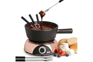 Artestia Electric Ceramic Fondue Set with 6 Fondue Forks (Rose Gold Color Base/Black Ceramic Pot)