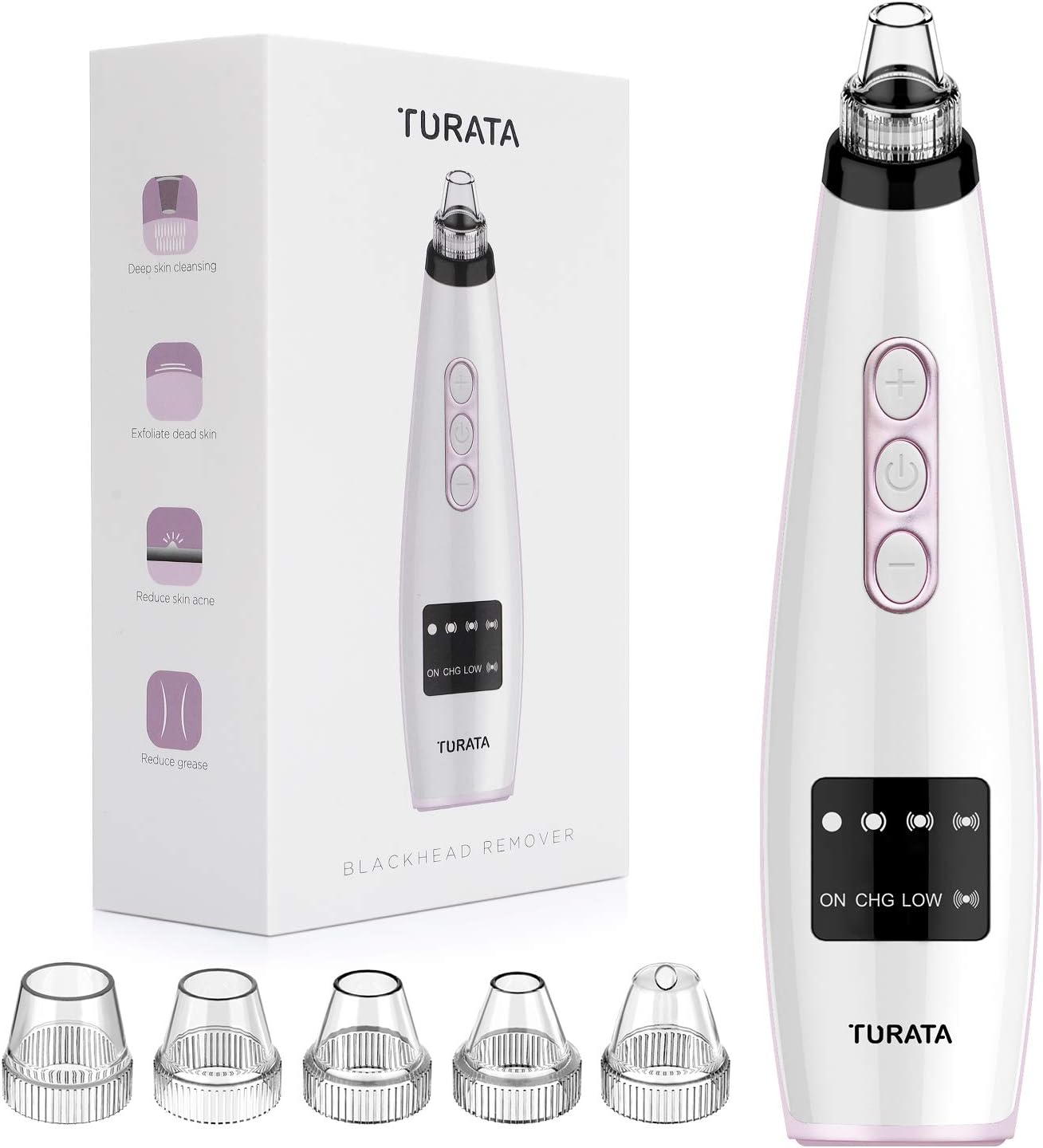 Blackhead Remover, TURATA Pore Cleanser Vacuum Cleaner 5 Replaceable Heads Rechargeable Blackhead Removal Kit, 5 Suction Modes Electric Facial Acne Remover Extraction Tool (Purple)