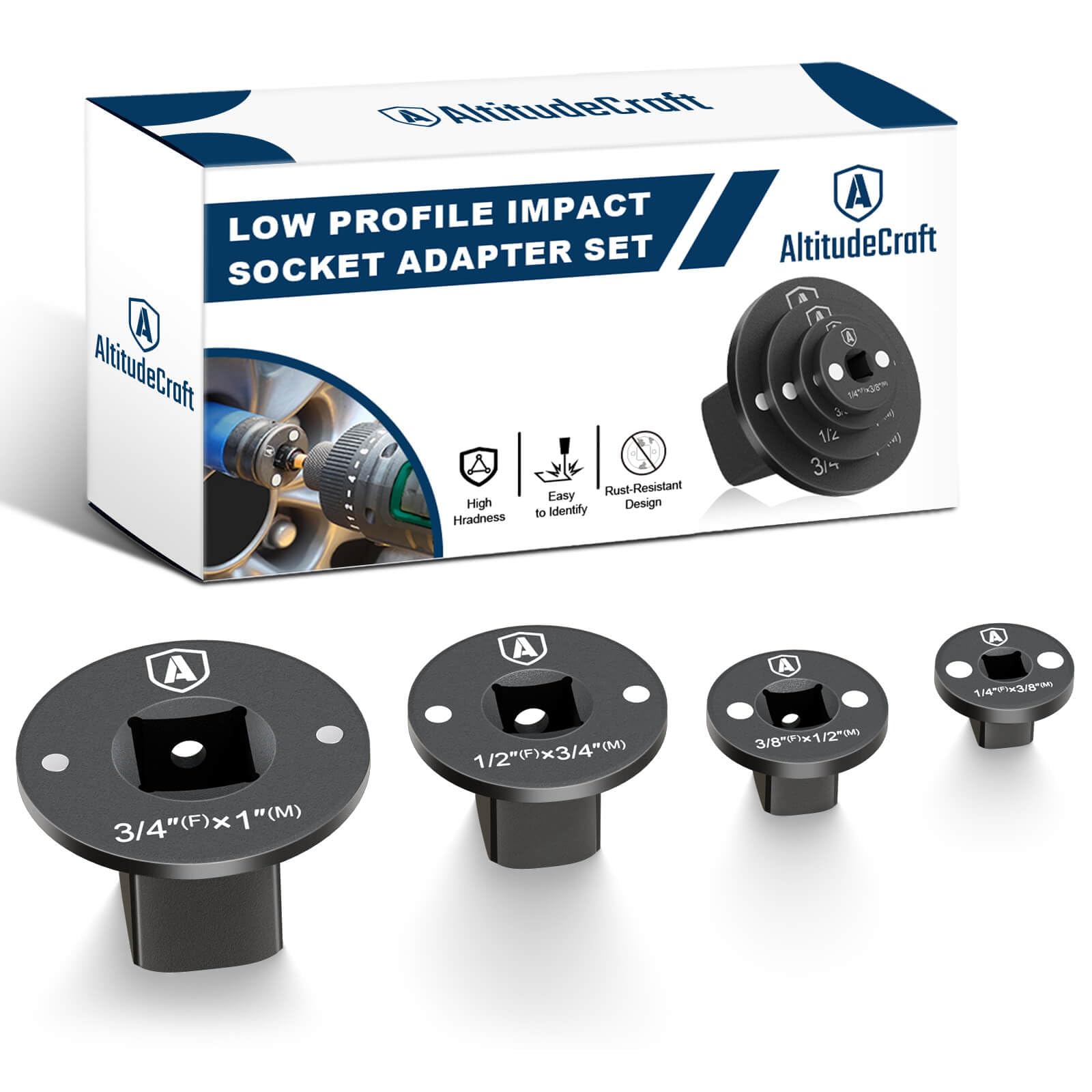 Photo 1 of AltitudeCraft 2025 Low Profile Impact Socket Adapter Set, Drive Ratchet Adapter Set, Designed for Tight Spaces, 3/8" to 1/2", 1/4" to 3/8", 3/4" to 1", 1/2" to 3/4", 4PC