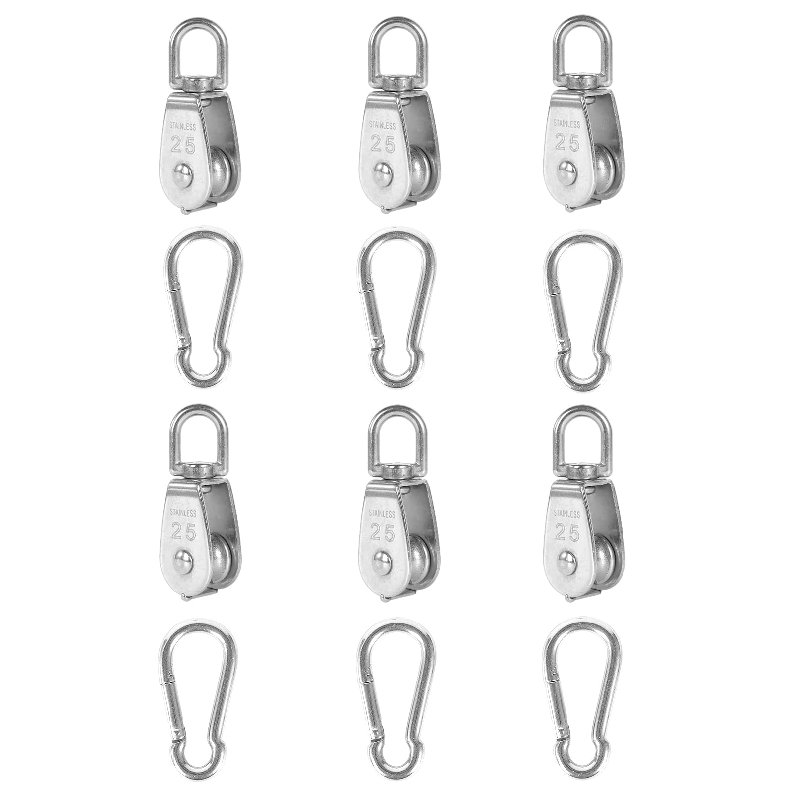Photo 1 of 6Pcs 304 Stainless Steel M25 Single Pulley Block, Wire Rope Hanging Wire Towing Wheel, with 6Pcs Spring Snap Hook