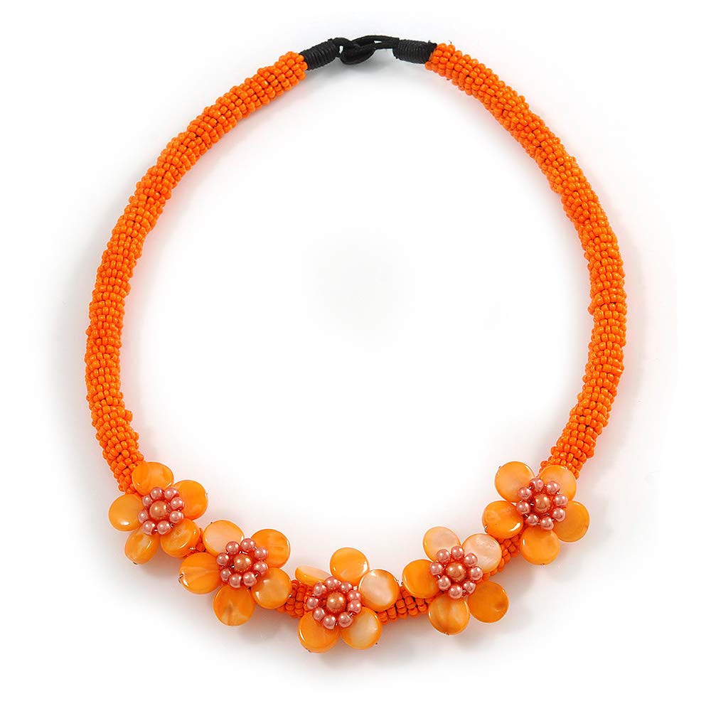 Avalaya Glass Bead with Shell Floral Motif Necklace/Peach Orange/ 48cm L
