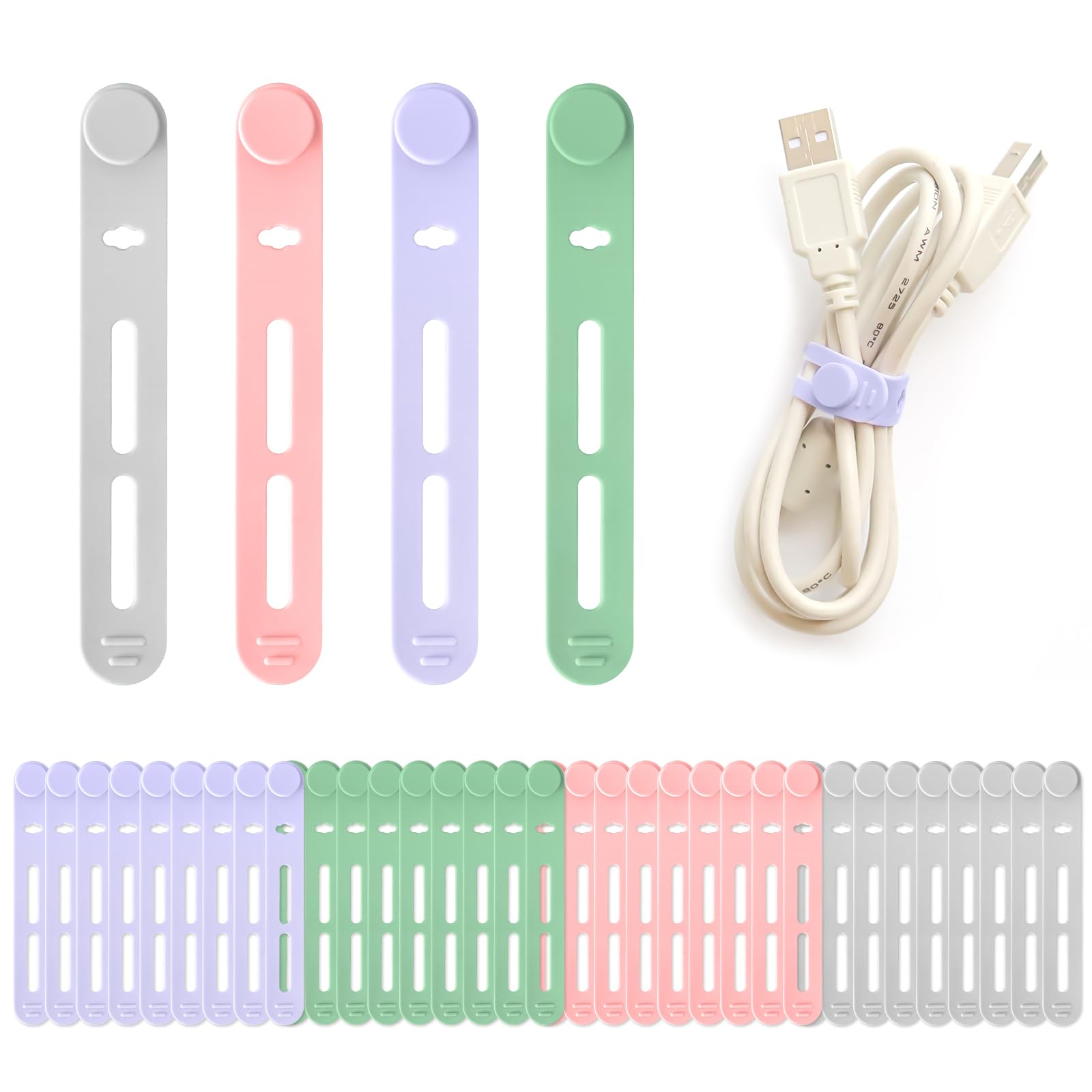 OKwhims Pack of 40 Silicone Cable Ties, Resealable, Multi-Purpose Cable Organiser, Small Cable Management, 4 Types, Reusable Cable Ties, Colourful for Charging Cable, Headphones, Computer Wire