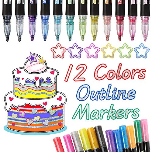 Double Line Outline Pens, 12 Colours Outline Pens Two-Line Glitter Art Drawing Pens Marker Pens Set Highlighter Writing Drawing Pens for Birthday Greeting Card/Scrapbooking/Painting/DIY Art Crafts
