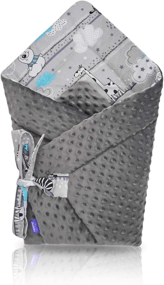 Jukki ® Baby Swaddle Wrap Newborn Infant Bedding Blanket Cotton Sleeping Bag Cotton Grey Wrap | 100% Organic Cotton | Handmade | Intended for Kids Aged 0-3 Months | (Zebra & Friends - Minky)