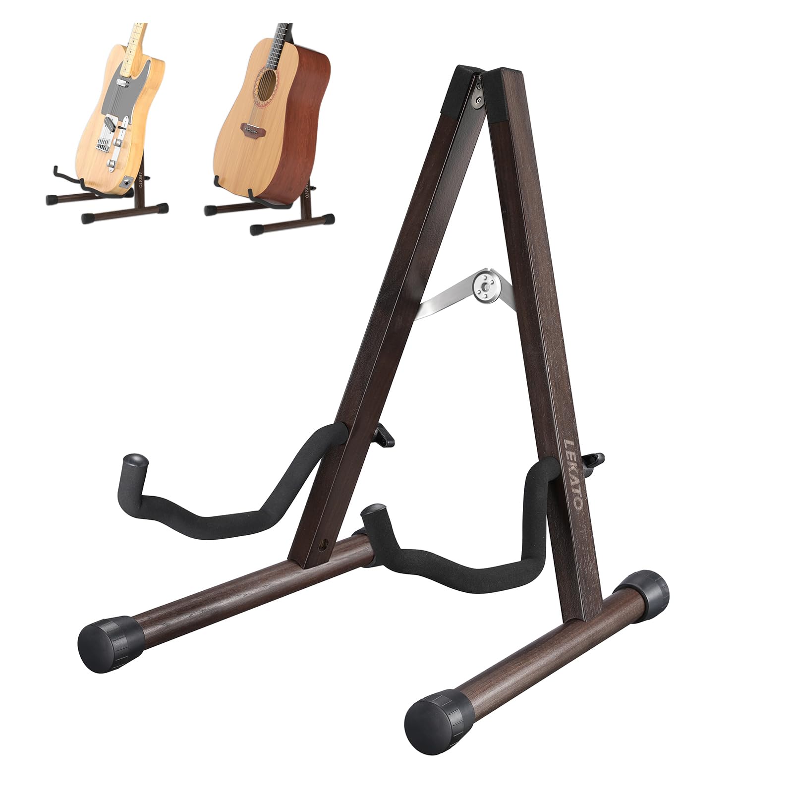 LEKATO Acoustic Guitar Stand Hardwood Guitar Stand for Electric Guitar Bass with Foam Padding for Guitars Bass Cello Banjo Mandolin Ukulele (Black Walnut Wood)