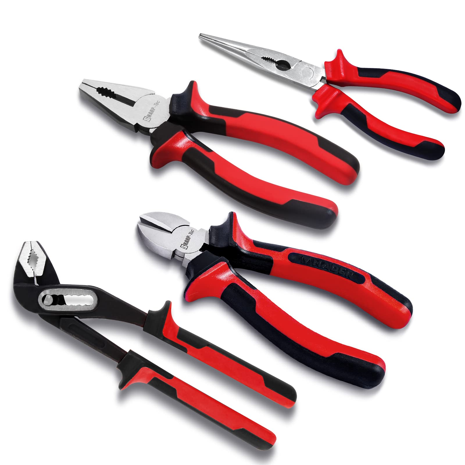 Sharp-tec 4Pcs Pliers Set, 8" Wire Cutters, 8" Water Pump Spanner, 8" Long Nose and 8" Combination Pliers, Anti-Slip Grip Tool Sets for Home Repair & Plumbing
