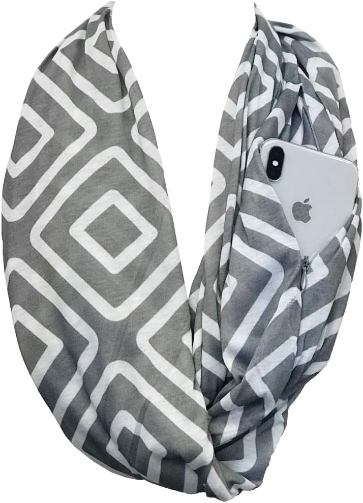Pop FashionShop Women's Infinity Scarf with Zipper Pocket, Geometric Pattern