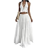 Verdusa Women's 2 Piece Outfit Deep V Neck Halter Backless Crop Tops with Maxi Skirts Brunch Outfits