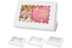 Moretoes 30pcs Bakery Boxes, 12x8x2.5 Inches Auto-Popup Cookie Boxes with 3 Style Windows for Chocolate Covered Strawberries, Donuts, Pastries