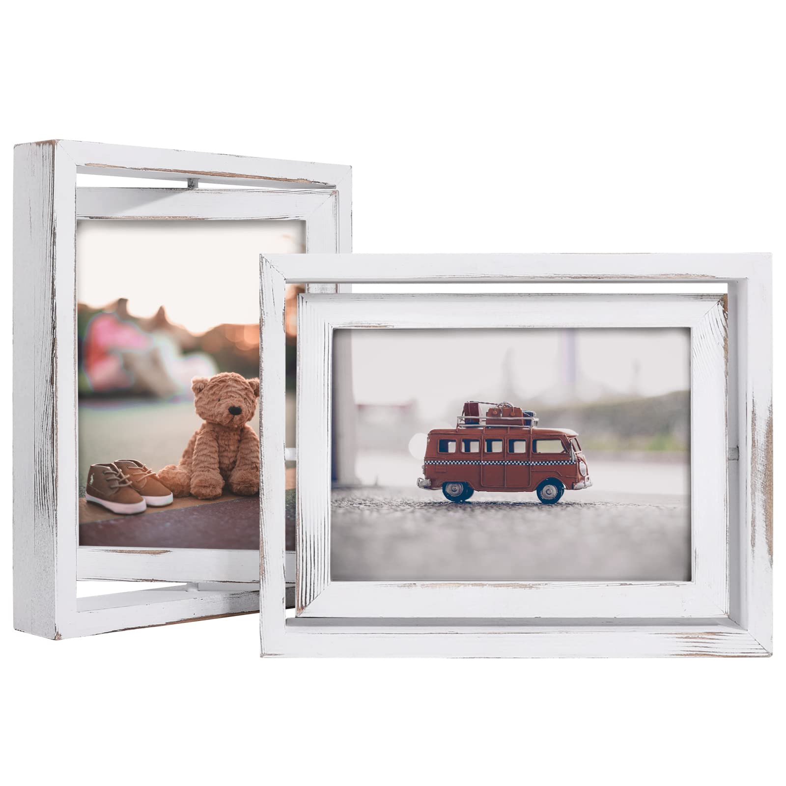 EGOFINE 2 Pack 7x5 Rotating Floating Picture Frames,Double-Sided Display with HD Glass Front Wooden Distressed Frame for Vertical or Horizontal Tabletop Display, White