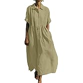 Linen Dress for Women 2026 Summer Short Sleeve Button Up Flowy Dresses Pleated Front Lapel Casual Maxi Dress