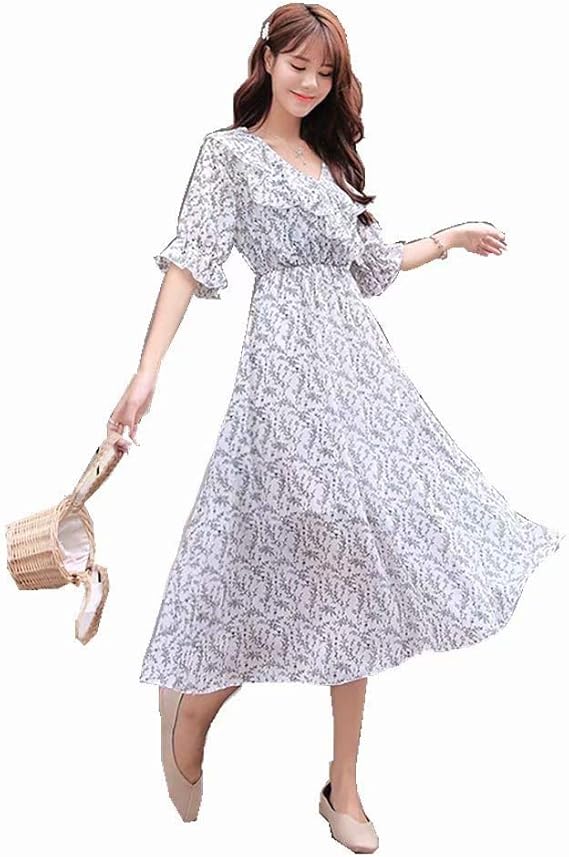 Amazon Kumi レディース 花柄ワンピース ワンピース 花柄 シフォン ロングワンピース ロング丈 フレア袖 ドレス F ホワイト ワンピース チュニック 通販