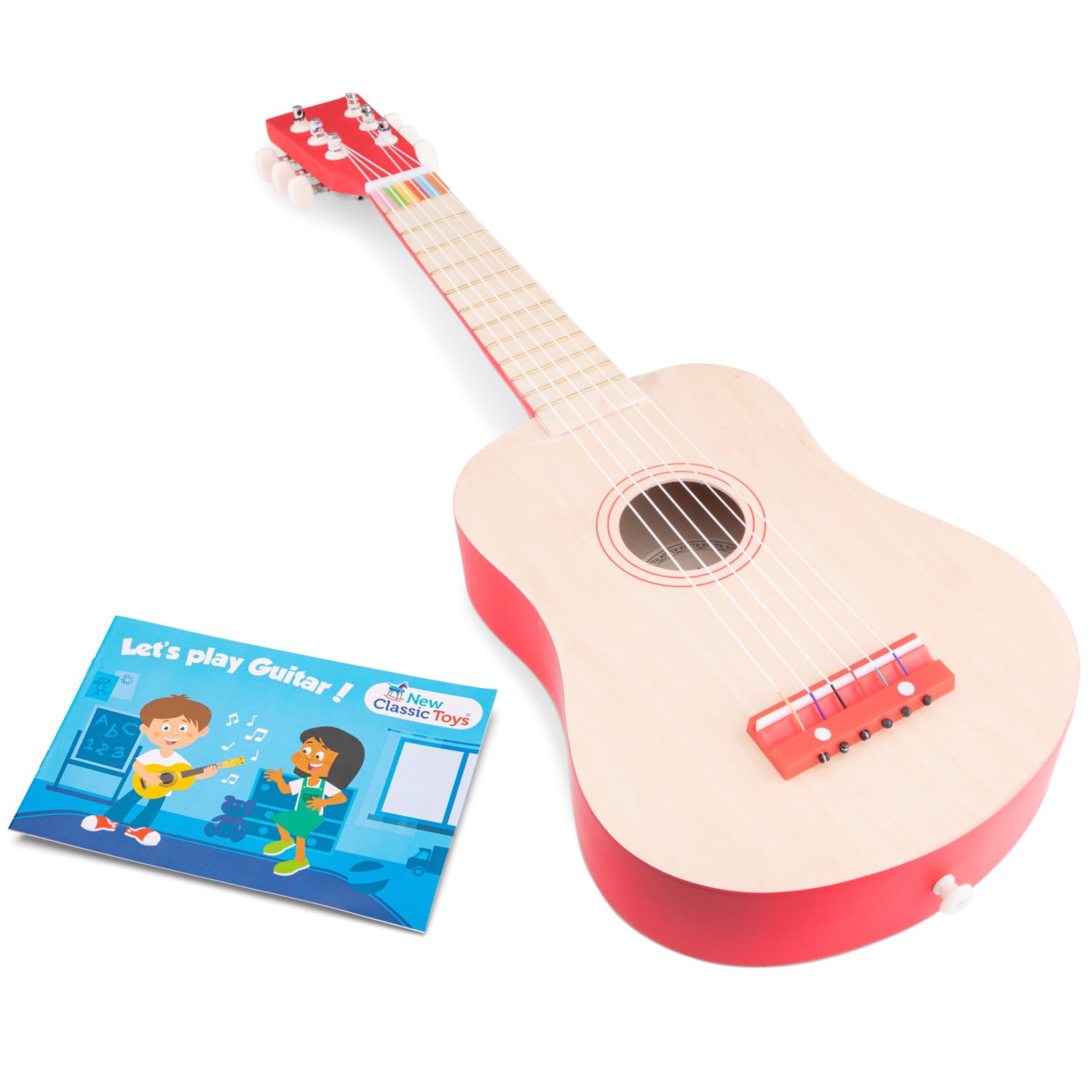 New Classic Toys 10300 Wooden Guitar Toy for Toddlers 3 Boys and Girls Baby Gifts, Kids Musical Instruments for Childrens Three Year Old Inclusive Musicbook, 10341 DeLuxe - Naturel/Red