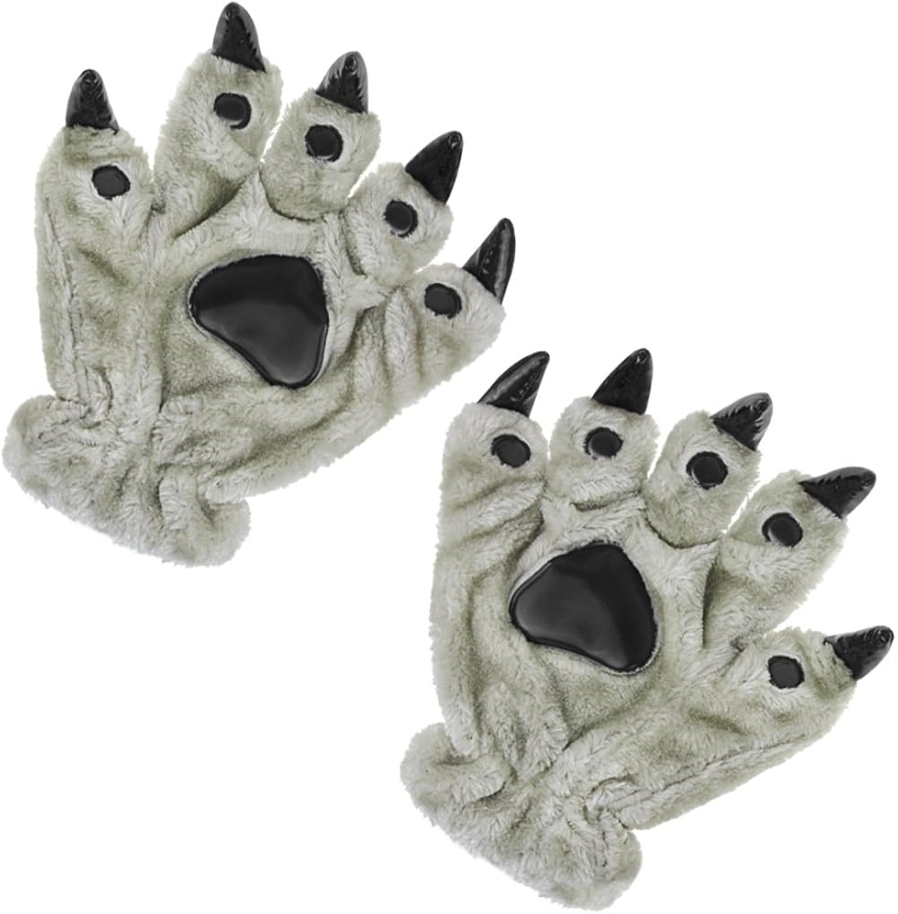 Ylucky Unisex Thick Animal Costume Dinasour Cat Paw Claw Wolf Gloves Winter Warm Plush Hand Gloves Cute Mittens Padded Hand Warmer for Halloween Cosplay Party Fancy Dress Grey - Image 3