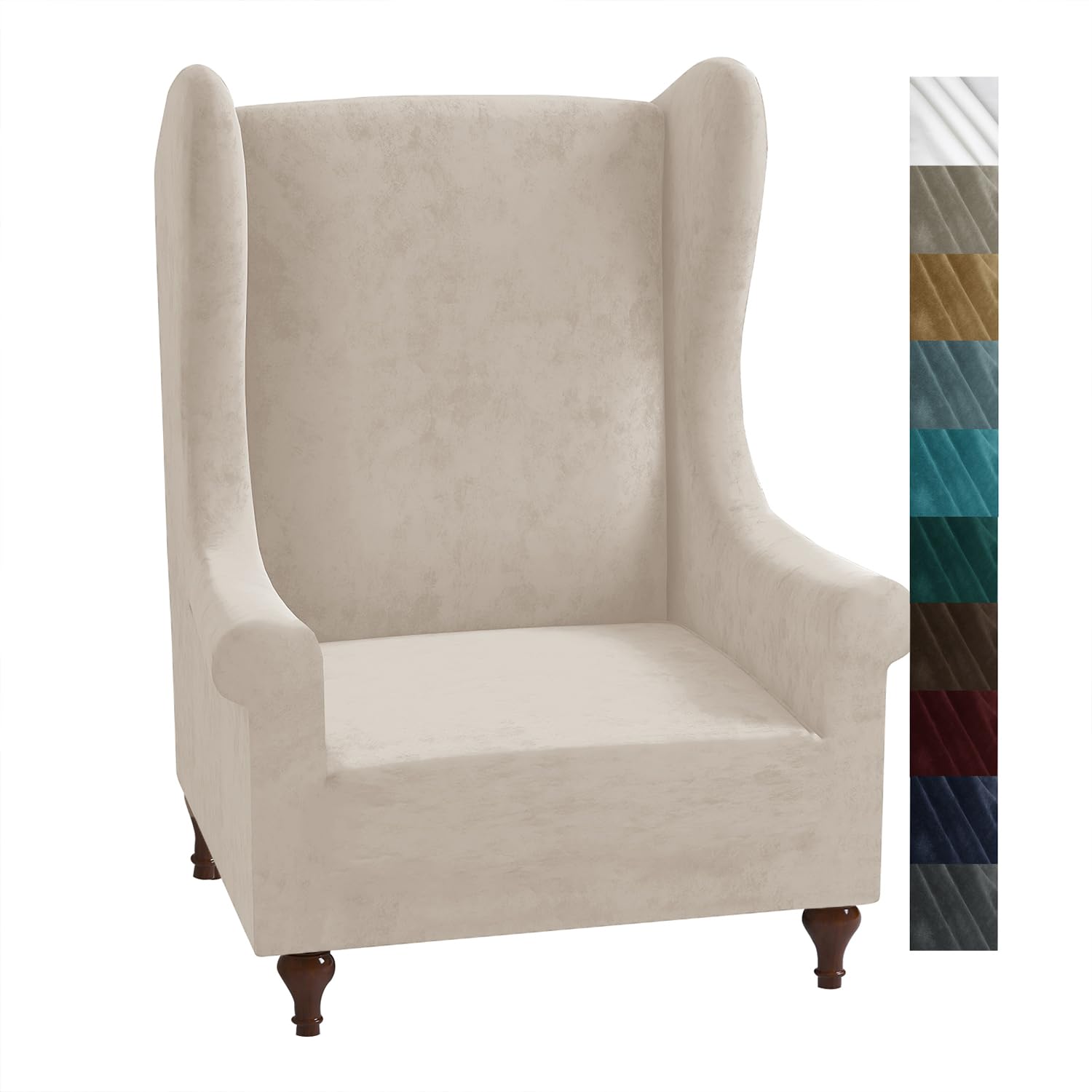 CHELZEN Stretch Velvet Wingback Chair Slipcover Soft Slipcovers for Wingback Chairs Wing Chair Cover with Elastic Bottom (Wing Chair, Khaki)