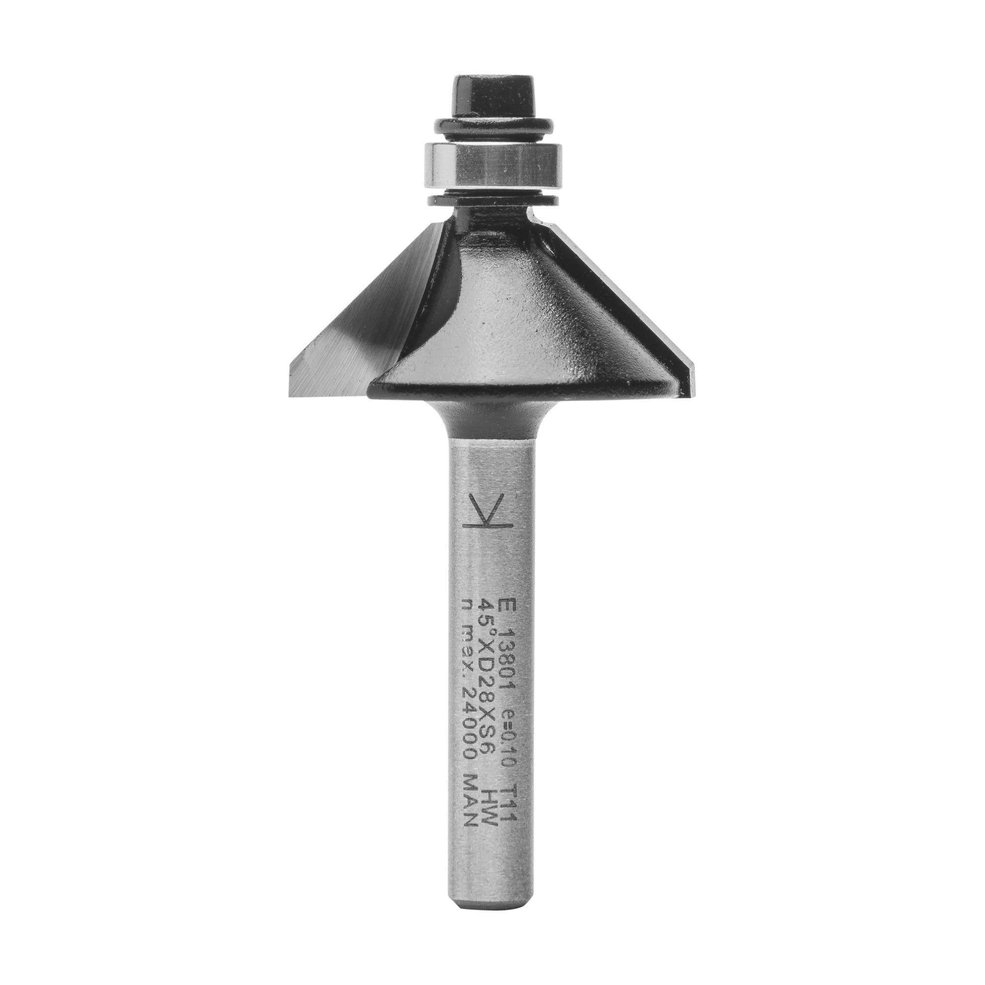 ENT 13801 Chamfer Cutter Tungsten Carbide TC, Shank (S) 6 mm, Diameter (D) 28,6 mm, NL 10,5 mm, E 45°, SL 32 mm, with Ball Bearing