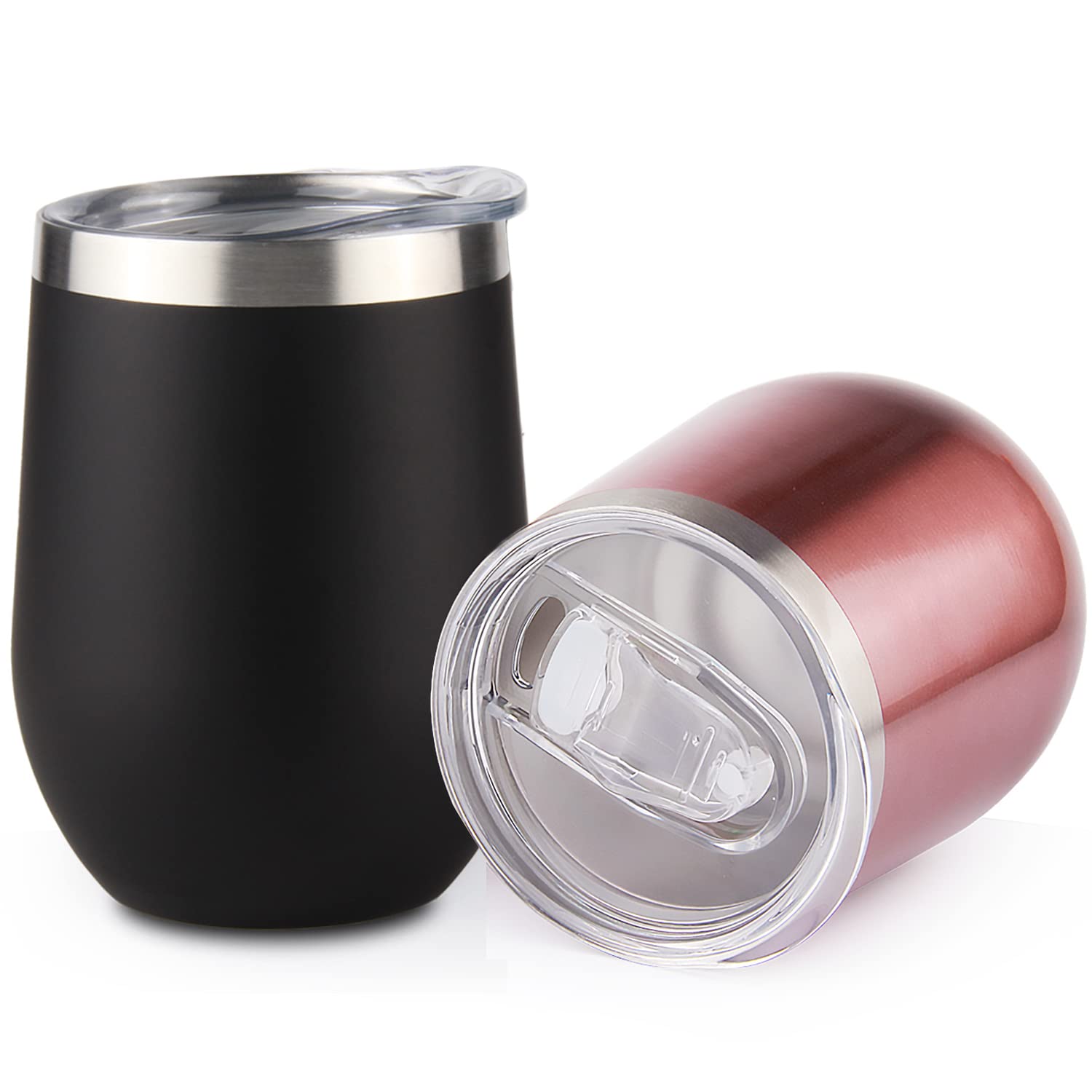 Sivaphe Wine Glasses Tumbler Camping Double Walled Coffee Cups Stainless Steel Insulated Tumblers for Hot Drinks with Lids 12OZ Set (Rose Gold/Black)