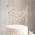 Happy Birthday Cake Bunting Topper Cake Topper Garland, Handmade Pennant Flags with Wood Pole Ivory (With Pink Rose)