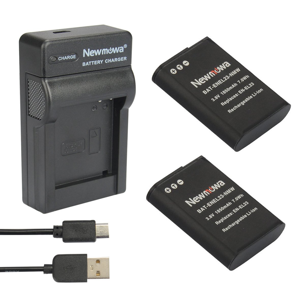 Newmowa® EN-EL23 Replacement Battery (2-Pack) and Portable USB Charger kit for Nikon EN-EL23 and Nikon Coolpix B700, P600, P610, P610s, P900, P900s, S810c Camera (2 batteries+1 charger)