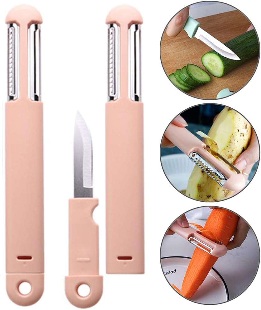Naidikes 3in1 knife-peeler Grater fruit knife - Ultra sharp stainless steel fruit knife for apples carrots potatoes - mint green/cherry pink/sky blue-(cherry powder)